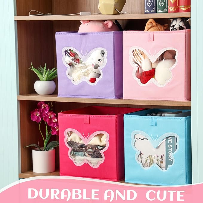 8 Pcs Cube Storage Bins 11 x 11 Inch, Foldable Fabric Storage Bin Organizer Cubes Toy Box with Clear Window for Closet, Home, Bedroom, Office(Butterfly,Elegant Color) - Image 5