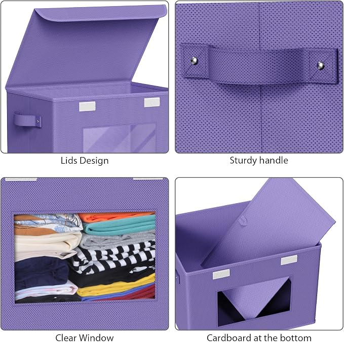 Univivi Fabric Foldable Storage Bins with Lids, 4 Pack, Purple | Stackable Closet Storage Bins, Fabric Closet Organizers and Storage with Lid & Clear Window for Home, Office, Bedroom - Image 5