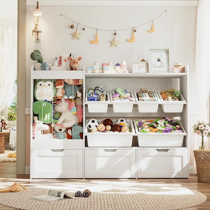 Kids Toy Storage, 50.6" W x 41.3" H Large Toy Organizers and Storage Cabinet with 6 Plastic Bins, 3 Rolling Drawers, Stuffed Animal Zoo, Wooden Organization Shelf for Playroom, Nursery(White) - Image 7