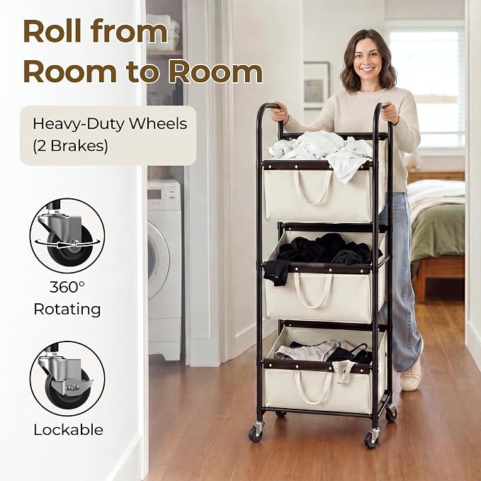 GRANNY SAYS 3 Tiered Laundry Sorter, Narrow Hamper Cart with Wheels | Sturdy 3 Section Laundry Basket with Wheels, Vertical Beige Hamper Cart for Bedroom, Bathroom, Apartment - Image 5
