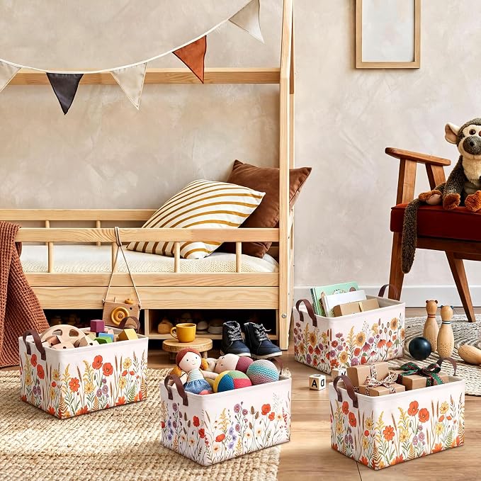 CHENGU 6 Pack Fall Flower Storage Bin Collapsible Wildflower Basket for Gifts Vintage Flower Holiday Decor Large Fall Basket Foldable Autumn Thanksgiving Box with Handle for Room Nursery Office Home - Image 6