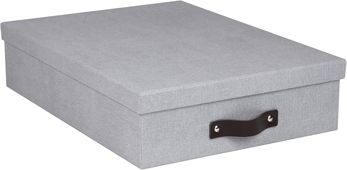 Bigso Oskar Canvas Fiberboard Document Letter Box - File Organizer Box for Important Paperwork - Document Storage with a Lid & Leather Handle - 3.3 in x 10.2 in x 13.8 in - Ash by Bigso
