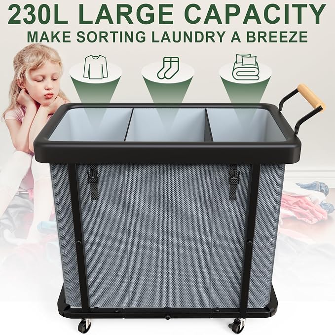 Laundry Hamper 3 Section with Lid,230L Rolling Dirty Clothes Hamper Grey | Laundry Basket with Wheels,Laundry Organizer Storage Cart with Sturdy Metal Frame and Wooden Handle for Laundry Room, Hotel - Image 2