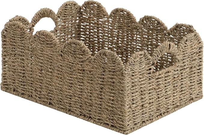 StorageWorks Wicker Baskets, Scalloped Baskets for Organizing, Seagrass | Scalloped Wicker Basket for Living Room, Decorative Scalloped Baskets for Storage, Wicker Baskets for Organizing and Decor by StorageWorks