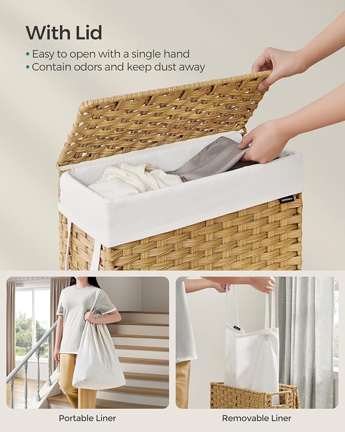 SONGMICS Slim Laundry Hamper with Lid, 14.5 Gallon (55L) Rattan Clothes Laundry Basket with Lid and Handles, Foldable, Removable Liner, Goose Yellow ULCB164N01 - Image 3