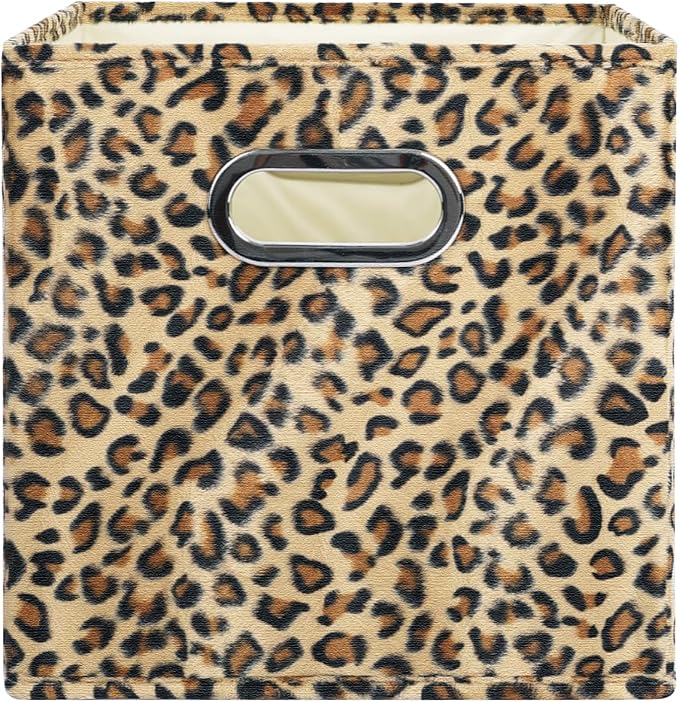 ANMINY Leopard Cheetah Print Storage Cubes Bins, Velvet, Brown, 11Inch 1PCS | Collapsible & Washable, PP Board Frame, Built-in Metal Handles, Animal Themed Fabric Cubes Baskets for Closet Shelves Decor - Image 6