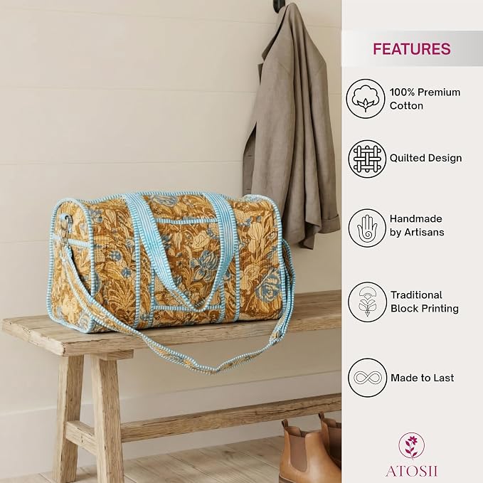 ATOSII Large Duffle Bag, Handblock Print 100% Quilted Cotton for Overnight Trip, Travel Weekender, Luggage, 2 Pockets with Zipper, 1 Front Pocket, Detachable Long Strap, 20 X 10 X 12 Inches, Sienna - Image 4