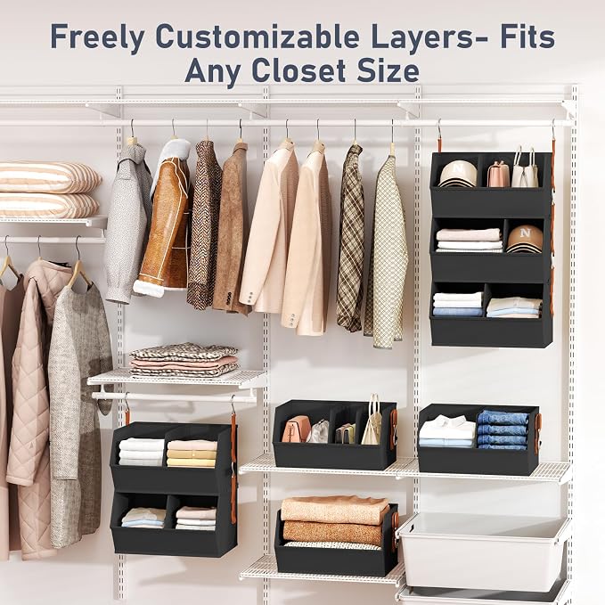 DIMJ Hanging Closet Organizer Extra Large, Clothes Hanging Shelves for Closet with Divider, Collapsible Closet Storage System, Fabric Storage Bins for Home, Black, 15.75 × 12.20 × 9.44, 3 Pack - Image 3