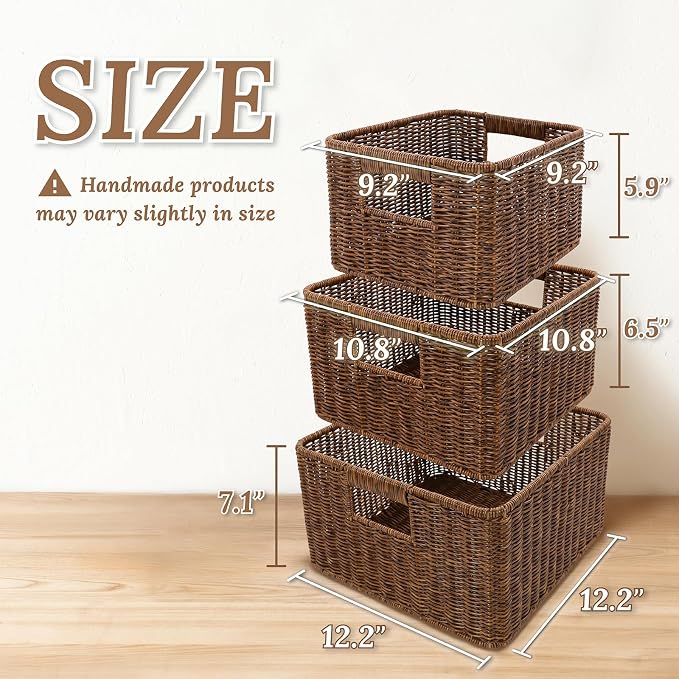 WeeNest Baskets with Handles, Wicker Storage, Shelf Boxes for Organizing, Decorative Resin, Set of 3, Toffee - Image 2