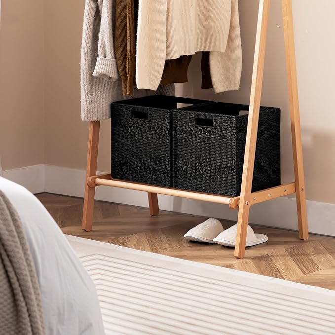 UBBCARE 3 Pack Wicker Basket, 11L×11H×10.5W inch Woven Paper Rope Storage Baskets for Shelves, Foldable Cube Storage bin with Handle, Storage Basket for Organizing & Decor, Black - Image 6