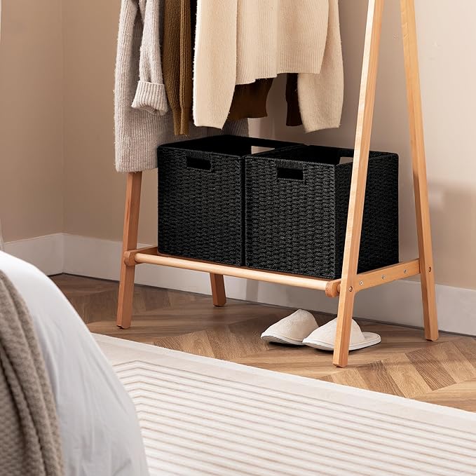 UBBCARE 4 Pack Wicker Basket, 11L×11H×10.5W inch Woven Paper Rope Storage Baskets for Shelves, Foldable Cube Storage bin with Handle, Storage Basket for Organizing & Decor, Black - Image 6