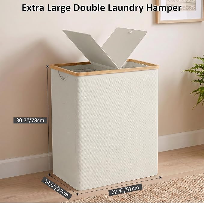 efluky Laundry Hamper with Lid, Double Laundry Basket with 2 Removable Bags, 2 Section Laundry Bin with Bamboo Handles for Bathroom, Bedroom & Laundry Room, 170L (44.9 Gallon) Beige - Image 4