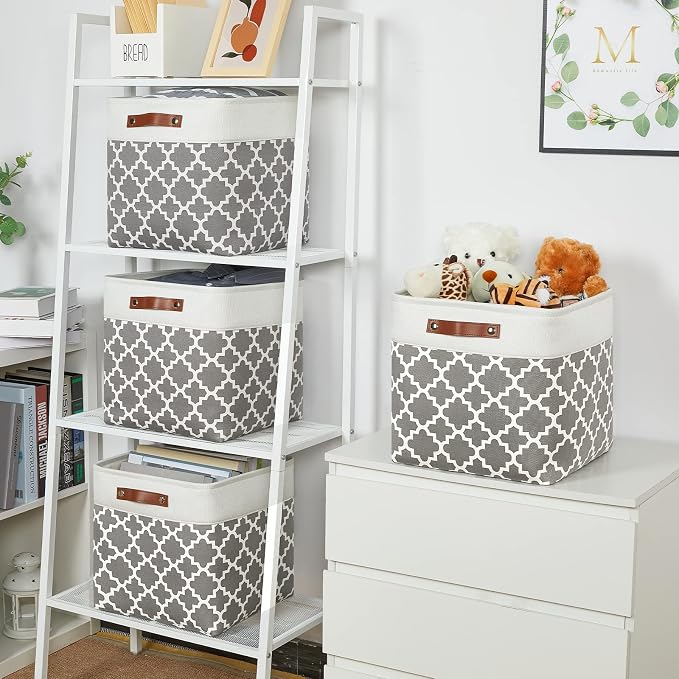 Temary 13ﾗ13ﾗ13 Foldable Storage Cube Baskets Fabric Cube Storage Basket for Organizing Cloth Storage Bins with Leather Handles for Gifts Empty, Closet (Grey Lattice) - Image 5