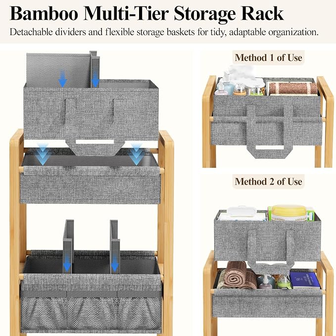 Bamboo Diaper Caddy Cart with Wheels - 3-Tier Rolling Storage，Light Grey | Removable bins, side pockets, sturdy handle, smooth wheels. For nursery, living room, laundry, pet. Natural bamboo, versatile - Image 6