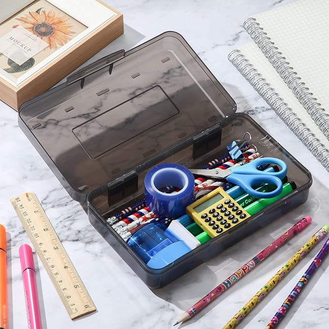 Fainne 24 Pack Clear Plastic Pencil Box,Gray | Stackable Organizer for School Supplies, Large Case for Crayons Markers, Snap-lid Keeps Stationery Secure, Bulk Set - Image 4