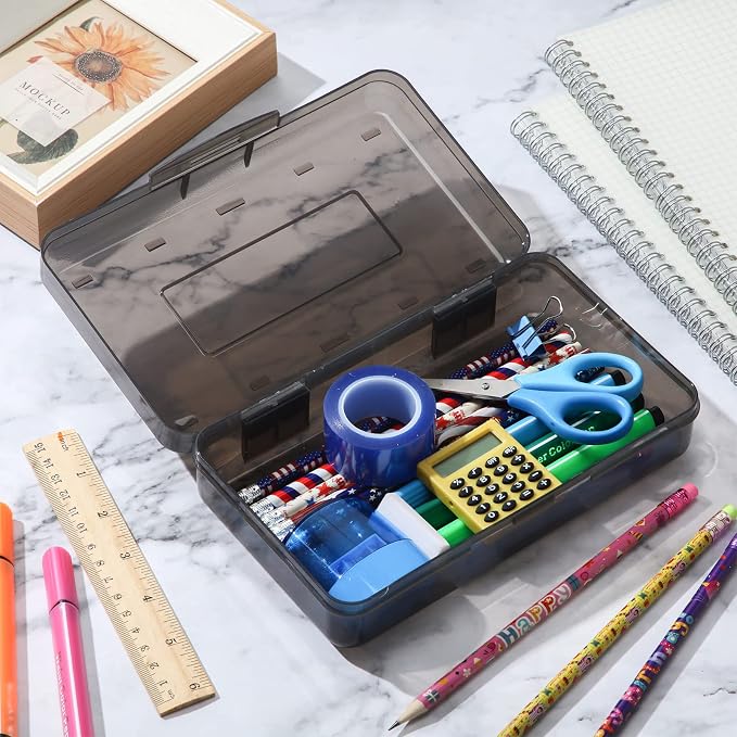 Leelosp 12 Pack Pencil Boxes Bulk, Large Plastic Case,Gray | Stackable Hard Storage Box with Snap Lid for School Classroom, Desk Drawer Organizer, Crayons Markers Kids Supplies - Image 4