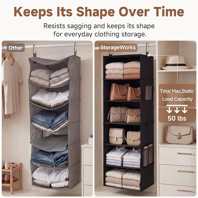 StorageWorks Hanging Closet Organizer 6-Shelf, Jumbo Separable Two 3 Shelf Closet Storage Organizer with Side Pockets, Portable Hanging Shelves for Wardrobe, RVs, 13 "D x 15 "W x 47 ¼"H, Black - Image 5