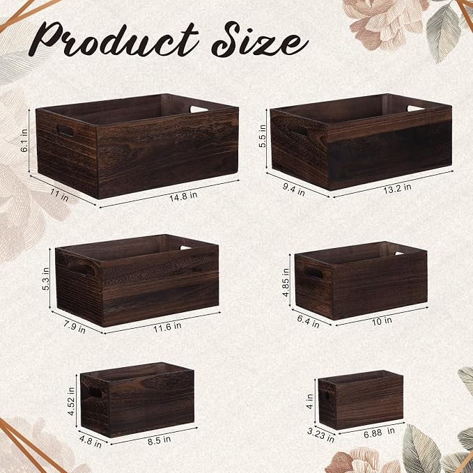 AceOrbit Set of 6 Rustic Wood Crates, Nesting Storage Boxes,Dark Brown | Distressed Wooden Containers with Cutout Handles, Vintage Farmhouse Wedding Party Decor, Decorative Baskets for Supplies - Image 2