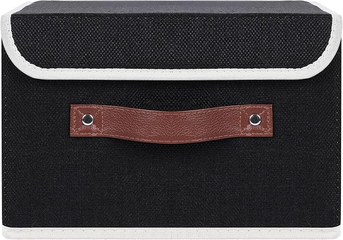 ANMINY Fabric Storage Box Bins with Lids, Black, 13"x9"x7.9" | Keepsake Memory Storage, Cotton Linen, PP Board Reinforced, Washable, PU Handles, Foldable & Stackable, Decorative, Medium - Image 6