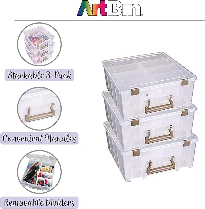 ArtBin 6990ZZ Super Satchel Double Deep 3-Pack, Portable Art & Craft Organizers with Handles, [3] Plastic Storage Cases, Clear & Gold - Image 6