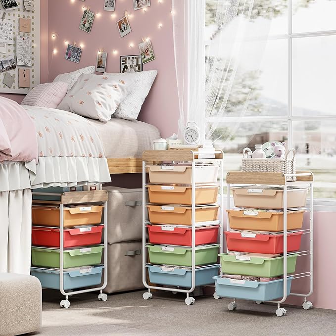 SYKIARIOL Rolling Cart with 6 Drawers,Craft Organizer and Storage,Rainbow | Utility Storage Cart with Drawers,Art Cart,Makeup Organizer With Wooden Tabletop - Image 7