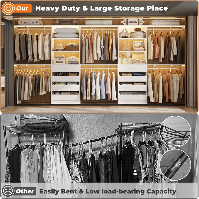 Aheaplus Closet System, Wood Closet Organizer System with Drawers, White | Set 2 Closet Wardrobe Organizer System with 4 Hanging Rods & Top Shelves, for Walk-in Closets, Cut Fits Spaces 4-9FT. Wide - Image 6