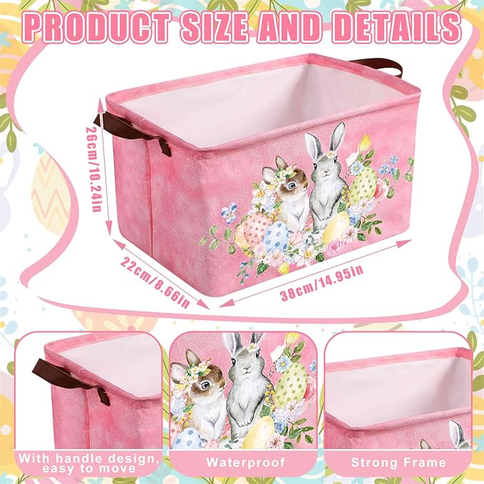 CHENGU 6 Pack Easter Storage Bin Collapsible Cute Easter Basket for Gift Large Pink Bunny Eggs Holiday Decor Rabbit Hunny Bunny Basket Foldable Farmhouse Flower Box with Handle for Bedroom Office Home - Image 3
