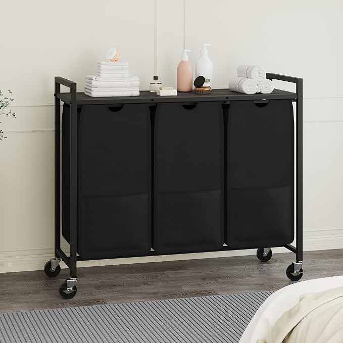 Garvee Rolling Laundry Hamper with Shelf, 3-Section Laundry Sorter with Removable Bags & Wheels, Heavy Duty Clothes Basket Organizer for Laundry Room, Bathroom, Bedroom, Greige & Black, 120L | Laundry Sorter with Removable Bags & Wheels, Heavy Duty Clo... - Image 8