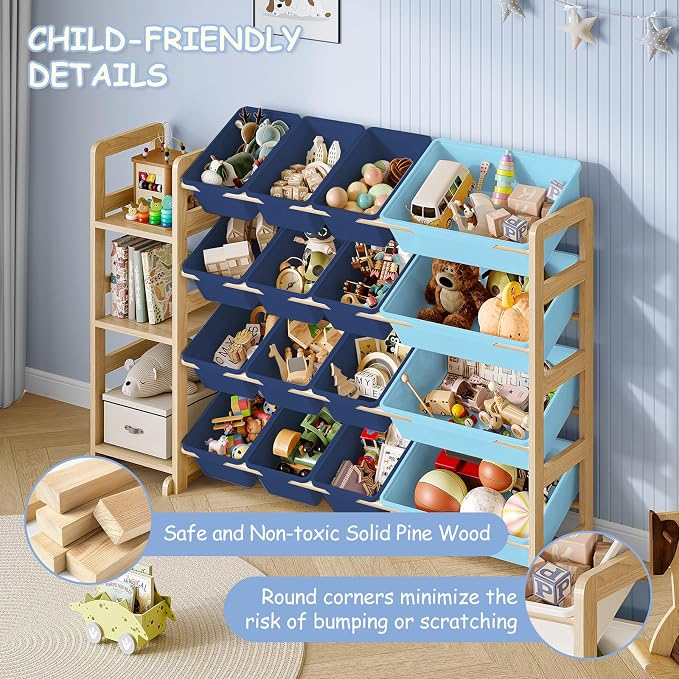 EXPERLAM Toy Storage Organizer, Toy Storage Shelf with 3 Shelves and 16 Storage Bins (12 Small + 4 Large), 3-in-1 Kids Bookshelf for Kids Rooms, Playroom, Nursery, Blue - Image 7