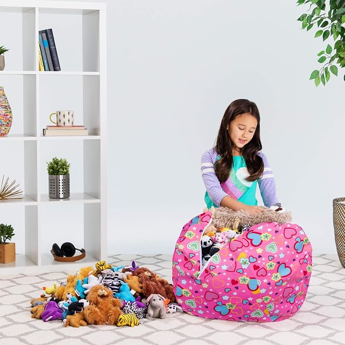 Posh Stuffable Kids Stuffed Animal Storage Bean Bag Chair Cover - Childrens Toy Organizer, Medium-27 - Canvas Multi-Colored Hearts on Pink - Image 5