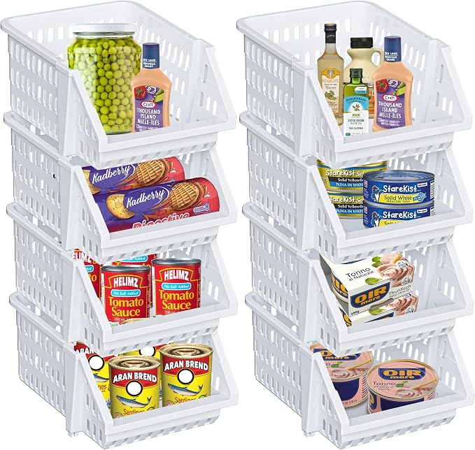 Small Stackable Storage Bins Open Front for Pantry Storage, 8 Pack - White | Sturdy Plastic, Easy Stacking, Open Front Access, Ventilated Sides, Vertical & Space Saving Pantry Organizers and Storage Bin by Skywin