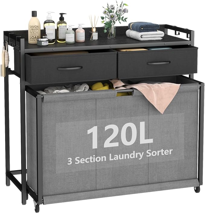 STIKELY Laundry Hamper Laundry Basket with 3 Section Pull-Out Rolling Bags, Laundry Sorter for Organization and Storage with 2 Pull-Out Drawers for Laundry Room, Bathroom, Bedroom Use (Black) by STIKELY