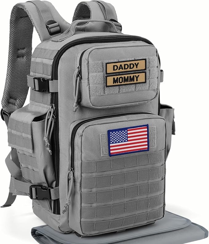 SHARKMOUTH Baby Diaper Bag for Dad - Large Military Daddy Gear Backpack with Changing Pad for Travel Camping Hiking - Newborn Baby Shower Gifts Gray - Image 2