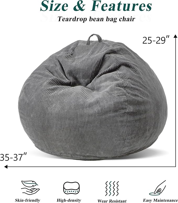 3FT Bean Bag Chairs Teardrop Bean Bag Chair for Adults Beanbag Chair with Memory Foam Filled Machine Washable Cover for Living Room, Bedroom (Large,Grey) | Beanbag Chair with Memory Foam Filled,Bean Bags with Handy Handle&Machine Washable Cover for Liv... - Image 2