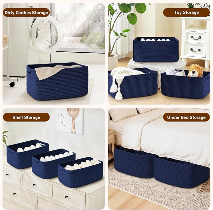 3 Pack Large Storage Basket for Organizing, 17.5"x13"x7" Woven Basket for Shelves, Closet Cube Storage Bins with Wrapped Handle, Cotton Rope Baskets for Kitchen, Clothes, Toys(Navy Blue) - Image 5