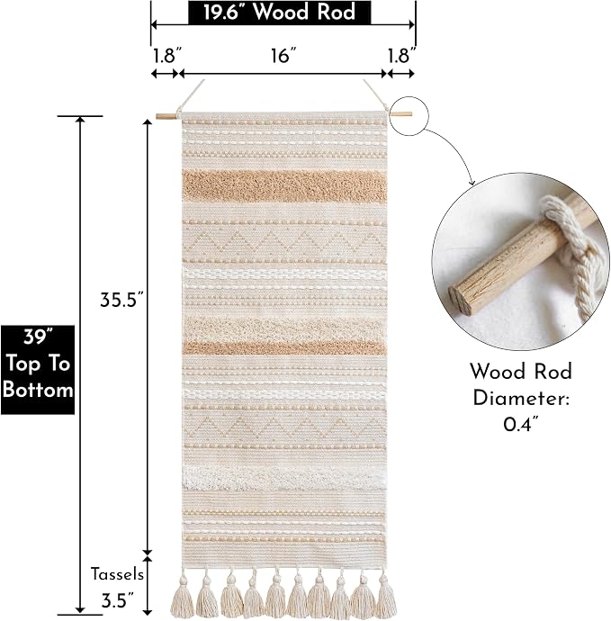 BlissBlush Long Vertical Wall Hanging Tapestry Woven Boho Farmhouse Decor Cream Beige Tassel Handmade Wall Art Decoration for Bedroom Living Room Dorm Nursery Apartment, 16x39 INCH - Image 5