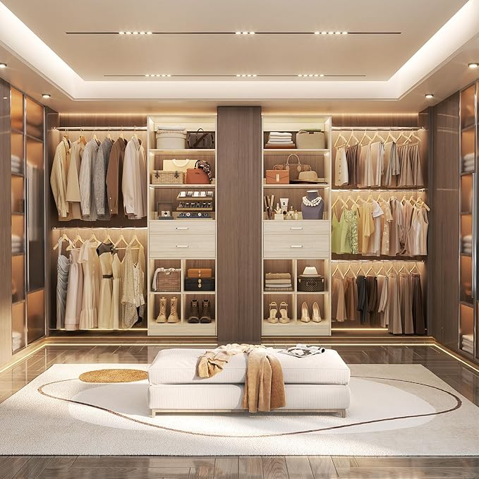 Besiost Closet System, 4-8 FT Closet Organizer Tower with 2 Wooden Drawers and Shelves, Can Fit 60 to 96 inch Walk-in Closet System with 5 Hang Rods, Built-in, Greige Oak - Image 6