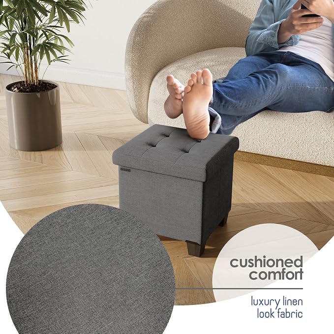 Storage Ottoman Cube with Small Bin, 15-in Square Ottoman with Storage for Living Room and Bedroom, Small Ottomans Foot Rest, Fabric Foot Stools Ottomans Max 330lbs, Grey - Image 8