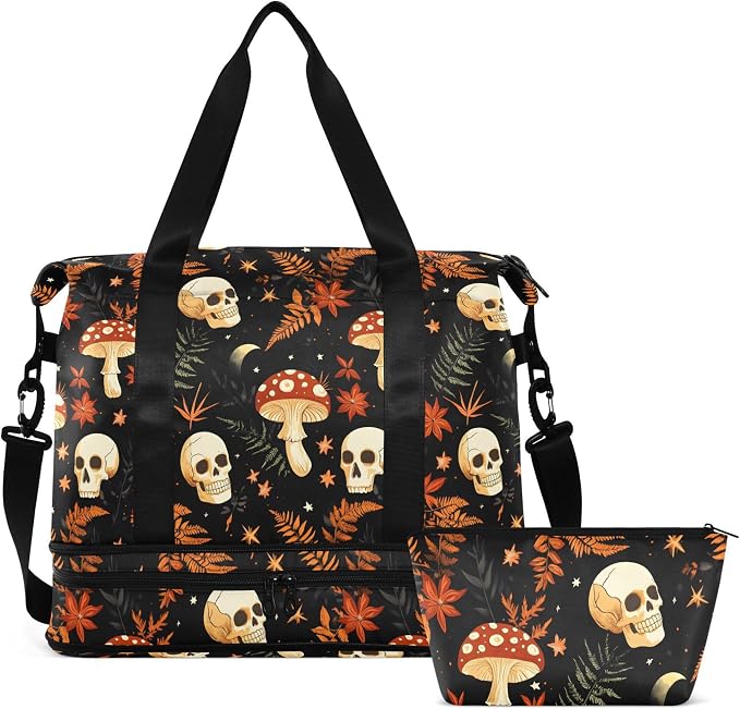 Travel Duffel Tote Bag Mushrooms Skull Sports Duffel Bag with Wet Pocket Weekender Overnight Bag for Women Men Gym Bag, Carry On Bag Hospital Bag for Labor and Delivery by MNSRUU