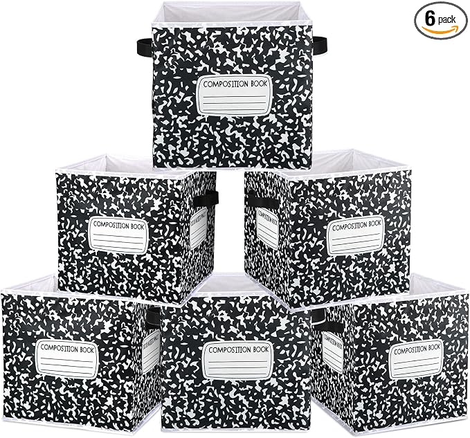 RattanView 6 Pack 11in Composition Notebook Cube Storage Bins Fabric | Classroom Organizers for Teachers, Fits Cube Shelves, Book Baskets, Daycare Preschool Supplies, Handles for Carry by RattanView