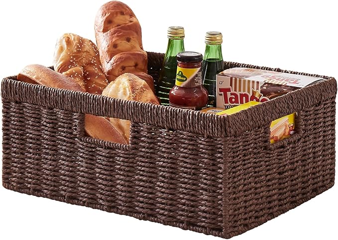 OIAHOMY Wicker Storage Basket, Rectangular Paper Rope Shelf Baskets with Built-in Handles, Woven Decorative Organizer for Pantry, Shelves, Living Room and Bathroom, 1-Pack Brown by MasterofSpaceOptimization