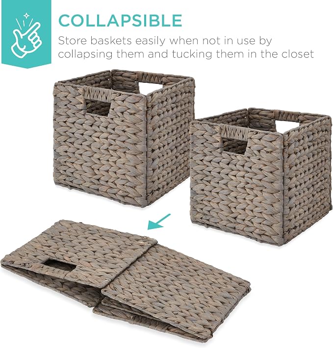 Best Choice Products 13x13in Pack of 5 Cube Storage Baskets, Water Hyacinth Multipurpose Collapsible Organizers, Handwoven Laundry Totes for Laundry, Living Room, Kids Room & Nursery - Gray - Image 3