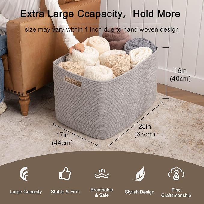 OIAHOMY 118L XXXLarge Rope Storage Basket, Oversized Blanket Basket Grey | 25" x 17" x 16" Used for Organizing Dirty Clothes in Living Room, Bedroom, Nursery, Extra Large Basket,Dog Toy Storage Bins - Image 3