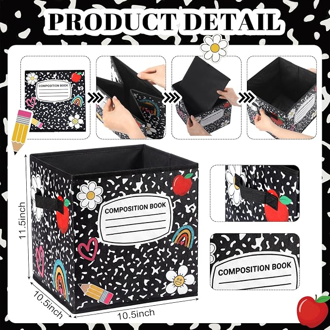 6 Pcs 11 Inch Composition Notebook Fabric Storage Cube Bin with Handle Foldable Composition Classroom Container Cubby Basket Bin for Back to School Decoration Office Home Nursery Organizer - Image 2