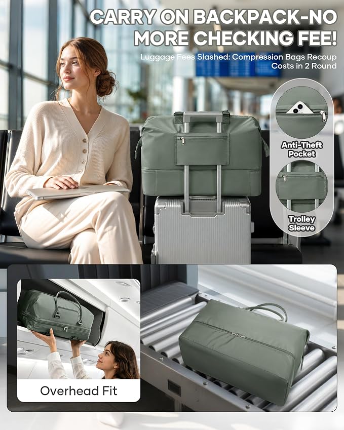 Travel Duffel Weekender Bag Women Tote Carry On Bags With Shoe Compartment | Travel Overnight Bags with Trolley Sleeve for Airplanes Waterproof Lightweight Sport Tote Gym with Toiletry Bag Green. - Image 2