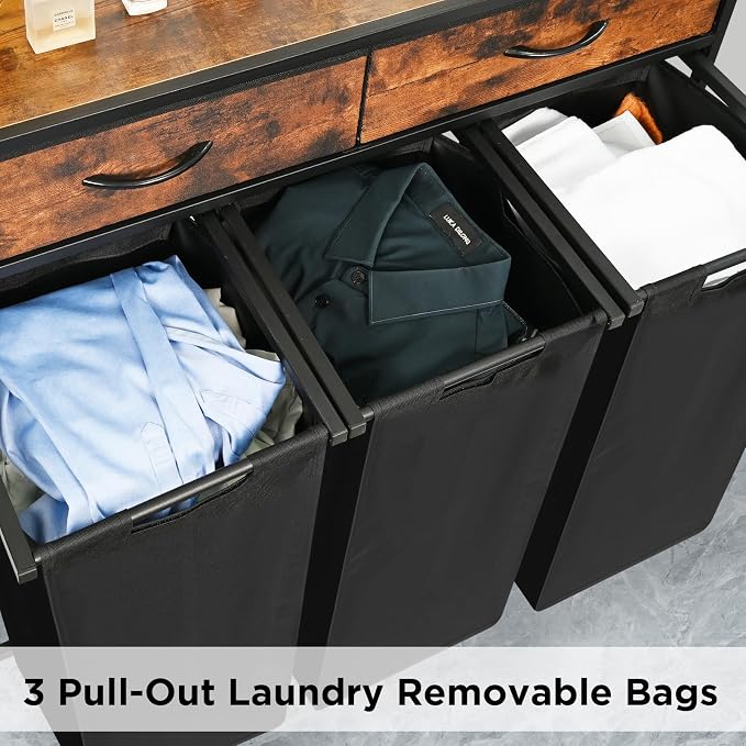 180L Laundry Sorter Hamper Basket 3 Section with Shelf & 2 Drawers | 3 Compartment Clothes Storage Organizer Cart, Pull-Out Removable Oxford Fabric Bags - Image 4