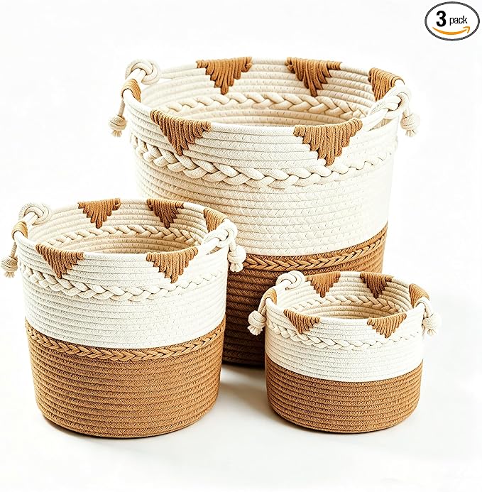 Boho Cotton Rope Woven Storage Basket, Large Decorative Laundry Hamper with Handles- Pack of 3 for Organizing Toy Woven Cotton Rope Laundry Basket Stuffed Animal Toy Storage for Play Room Bedroom by Unknown