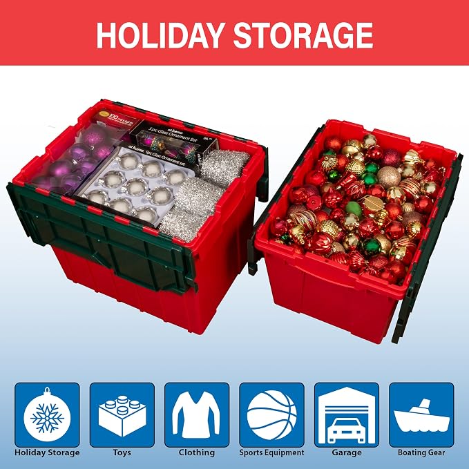Akro-Mils KeepBox 12 Gallon Storage Container, Nesting and Stackable Plastic Storage Box with Lid Attached, Organizer Tote for Garages, Closets, and Moving, 21-1/2" x 15" x 12-1/2", Red/Green, 6-Pack - Image 4