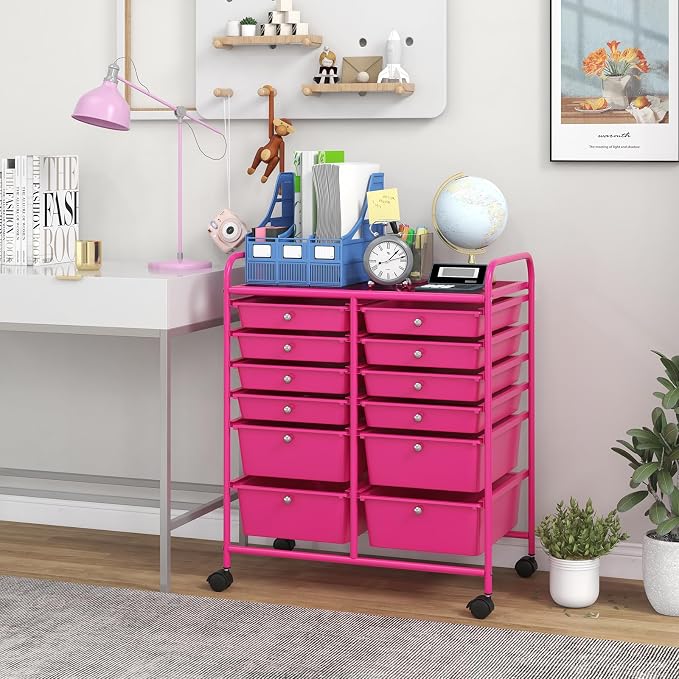 Giantex 12 Drawer Rolling Storage Cart Tools Scrapbook Paper Office School Organizer (Hot Pink) - Image 2