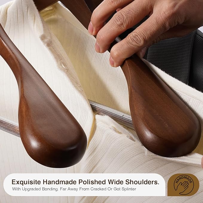 Suit Hangers 6 Pack,Wide Shoulder Wooden Hangers,Solid Wood Coat Hangers with Heavy Duty Retotating Hooks & Non Slip Pants Bar,Smooth Finish Clothes Hanger for Sweater, Pants, Jacket(Walnut) - Image 2